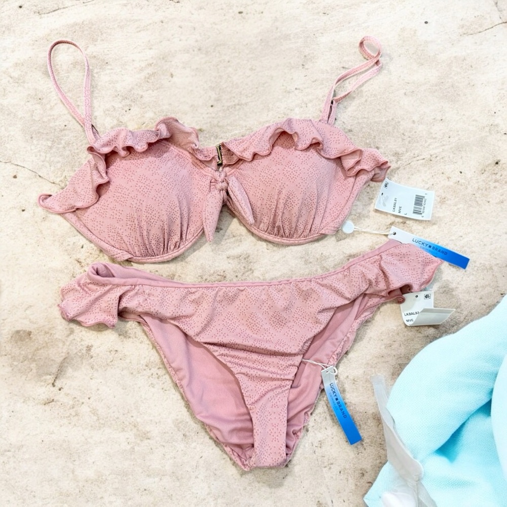 NWT Lucky Brand All The Frills Pink Bikini Set Size L Top M Bottoms